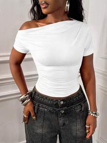 EMERY ROSE Áo thun ôm dáng, màu trơn, cổ lệch, nhún bèo, kiểu dáng thường ngày, thích hợp cho mùa hè. - trắng - Xem 3