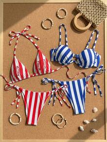 Swim Vcay Bộ áo liền quần 4 món gồm hai dây, chất liệu vải mềm, kẻ sọc, in họa tiết và thêu, có dây buộc. - Nhiều màu - Xem 2