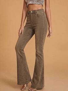 Selenza 女士口袋纽扣休闲百搭日常喇叭牛仔裤 - 咖啡棕 - 查看 3