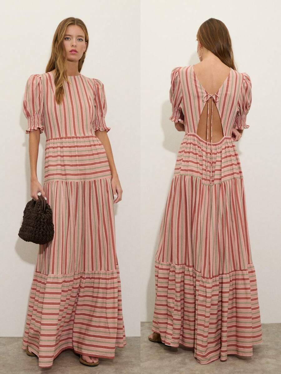 Nöista Women's Striped Casual Minimalist Vacation Midi Dress - Dusty Pink - View 1