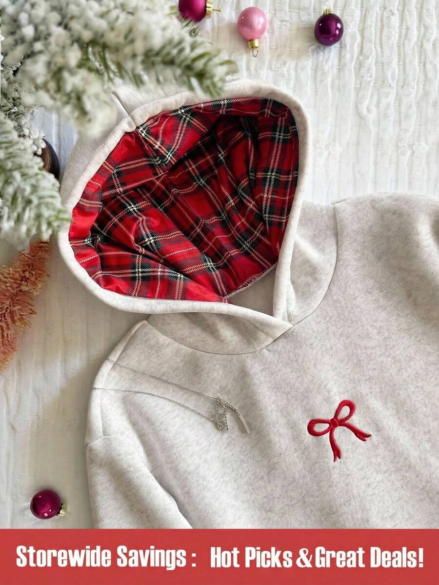 SHEIN 少女休闲卫衣，饰有蝴蝶结刺绣，时尚百搭，带口袋，适合秋冬季穿着 - 淺灰色 - 查看 1