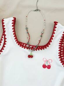 SHEIN Tween Girls' Summer Casual White Contrast Embroidered Cherry Pattern Sleeveless Top - White - View 4