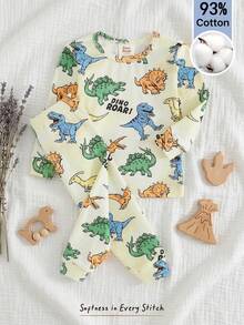 Cozy Pixies Baby Boy Cartoon Animal Print Soft Knit Crew Neck Long Sleeve Top And Elastic Waist Long Pants 2-Piece Snug Fit Pajama Set Baby Pants Set Dinosaur Pajamas Toddler Dinosaur Pajamas Dinosaur Baby Clothes Set - Multicolor - View 1