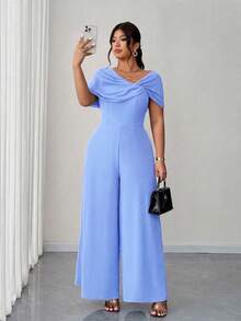 Elenzga Eleganter romantischer Jumpsuit für Damen in Große Größen mit asymmetrischem Kragen und taillierter Passform - Blau - Übersicht 5