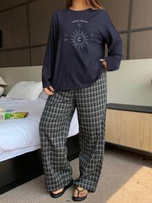 Dazy Plus 两件套印花宽松圆领长袖上衣和格子裤睡衣套装 - 藏蓝色 - 查看 3