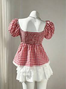 Sweetra Áo kiểu dáng mới mùa Xuân/Hè, thanh lịch, họa tiết kẻ caro đỏ, phong cách retro tối giản, ôm dáng, tay cánh hoa dành cho nữ. - Đỏ và trắng - Xem 2