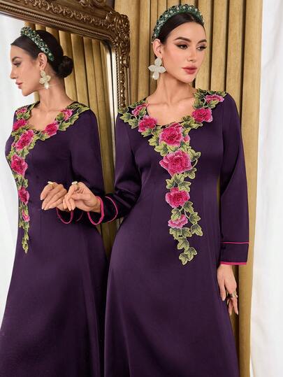 Al Najma Đầm dài tay cổ chữ V thanh lịch kiểu Ả Rập dành cho nữ, trang trí họa tiết thêu.