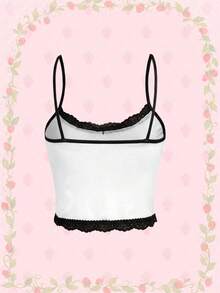 Strawberry Shortcake | ROMWE Bộ đồ ngủ nữ dễ thương họa tiết hoạt hình, áo hai dây viền ren và quần short kẻ caro, kiểu dáng thường ngày. - màu đen - Xem 4