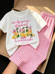 Sparklyn 少女柠檬印花短袖T恤+粉白条纹阔腿裤家居服套装 - 粉色 - 查看 1
