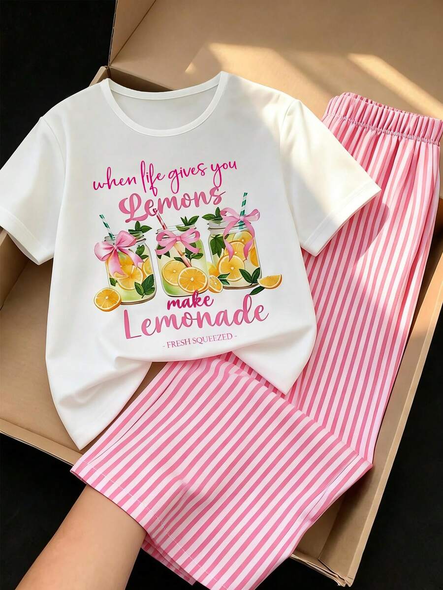 Sparklyn 少女柠檬印花短袖T恤+粉白条纹阔腿裤家居服套装 - 粉色 - 查看 1