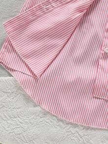 SHEIN Vintaside Kids 少女款柔软条纹前开襟短袖休闲衬衫，灯笼袖，腰部蝴蝶结褶裥A字廓形，适合通勤、度假休闲等场合，夏季穿着。 - 粉色 - 查看 4