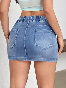 Flexra 女士弹力腰带口袋修身牛仔迷你裙 - 藍色 - 查看 2