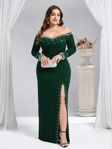 Coutiva Plus Size Solid Color Faux Pearl Off-Shoulder Split Maxi Formal Evening Gown (Heavily Embellished) - Dark Green - View 5