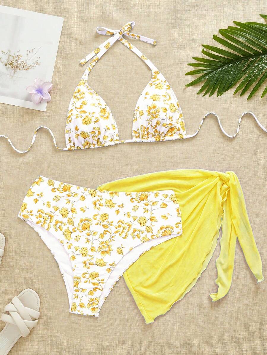 SHEIN Swim Mod 大码女式三件套随机印花吊带比基尼泳衣 - 薑色 - 查看 1
