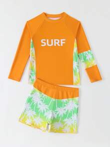 SHEIN 2pcs Tween Boys Swimwear Set,Tropical Orange Summer Funny Beach Vacation Holiday,Palm Tree Long Sleeve Rash Guard Top&Matching Printed Swim Trunks - Multicolor - View 6