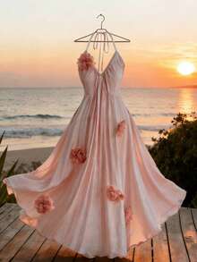 GlowEve Women's Elegant Backless Dress With 3D Floral Decor, Suitable For Vacation - Pink - View 1