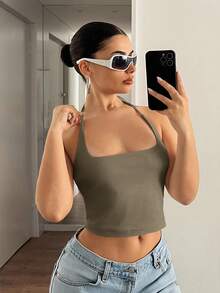 SHEIN ICON 女士纯色吊带系腰休闲上衣 - 橄欖綠 - 查看 4