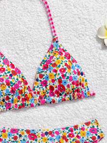 SHEIN Conjunto de traje de baño para niña preadolescente, con estampado floral diminuto y malla rosa reversible, adecuado para vacaciones en la playa, natación, fiesta en la piscina - Bikini de 2 piezas para niñas preadolescentes - Multicolor - Ver 7