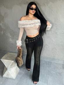 Dayanna Comas 女士长袖时尚露肩毛边长袖短款上衣露肩上衣毛边上衣 - 杏色 - 查看 4