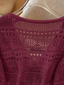 Franclia New Solid Color Hollow Crochet Lace Lightweight Cardigan, Versatile Outerwear For Women - Burgundy - View 5