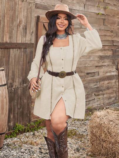 Ceyna Vestido de manga larga con cuello cuadrado, botones delanteros y parches de cinta tejida para tallas grandes