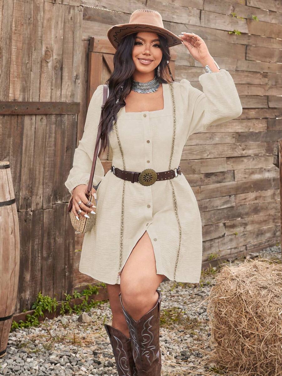 Ceyna Plus Size Square Neck Front Button Woven Tape Patchwork Long Sleeve Dress - Apricot - View 1