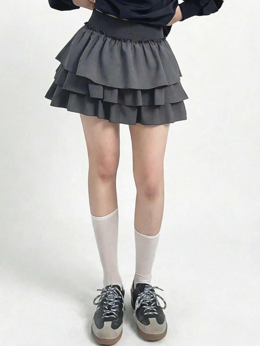 DAZY 女款純色百褶百搭約會/外出圓裙 夏季日常深灰色可愛校園風 - 灰色 - 查看 1