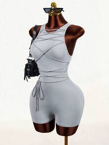 Mistrie Summer New Casual Street Tie-Up Sleeveless Slim Jumpsuit, Suitable For Yoga, Running, Women Tight Jumpsuit - Light Grey - View 1