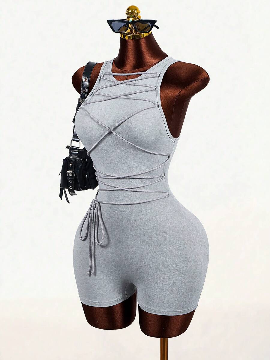 Mistrie Summer New Casual Street Tie-Up Sleeveless Slim Jumpsuit, Suitable For Yoga, Running, Women Tight Jumpsuit - Light Grey - View 1