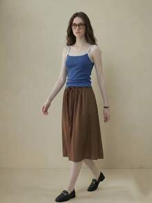 Muvela New Spring/Summer Coffee Brown Elastic Waist Drawstring Adjustable Ruched A-Line Skirt, Versatile Summer Outfit - Brown - View 3