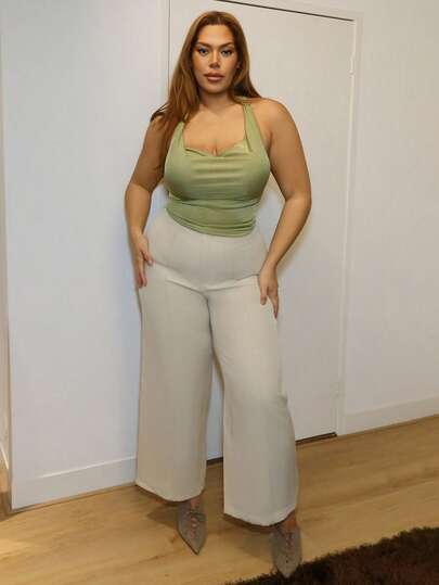 MelDlgn 大码女士浅米色西装裤，通勤优雅约会工作裤，商务休闲女士