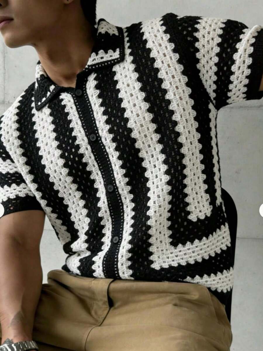 Manfinity LEGND Áo khoác cardigan nam tay ngắn dệt kim kẻ sọc đen trắng, phong cách thường ngày, thích hợp cho kỳ nghỉ hè. - màu đen - Xem 1