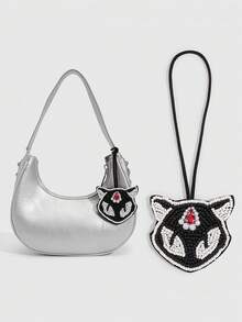 ROMWE Goth 1个哥特式黑猫包饰，手工布艺贴片吊坠，万圣节装饰配件 - 黑色1 - 查看 3