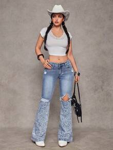 Jeanoix 女士Y2K时尚做旧印花水洗喇叭牛仔裤 - 淺色水洗藍 - 查看 6