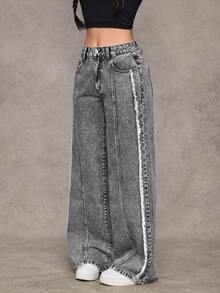 Jeanoix Y2K 时尚低腰破洞毛边印花水洗阔腿牛仔裤 - 淺灰色 - 查看 4