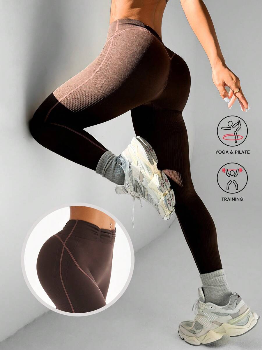 Easithlete Easithlete 1件装女士无缝郁金香腰撞色条纹跑步健身瑜伽打底七分紧身裤 - 咖啡棕 - 查看 1
