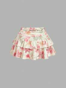 SHEIN MOD Plus Size Women's Pink Floral Summer Boho Vacation Holiday 2-Piece Set,Metal Decor Spaghetti Strap Tank Top And Ruffle Layered Mini Skirt Outfits - Multicolor - View 10
