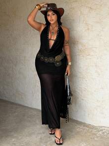 大码女式黑色复古浪漫Y2K性感网纱蕾丝垂褶领修身拉链派对校园风长袖女士嘉年华服装、嘉年华服装、返校季、返校派对、音乐会、感恩节礼服、复活节假期春夏女式外套、春夏+科切拉音乐节/派对 - 黑色 - 查看 4