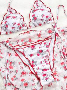 Swim Vcay Conjunto de bikini sexy y lindo de 3 piezas para mujer, con parte superior de triángulo con cordón y nudo, volantes en los lados, espalda descubierta y falda mini de malla con estampado floral aleatorio - Multicolor - Ver 3