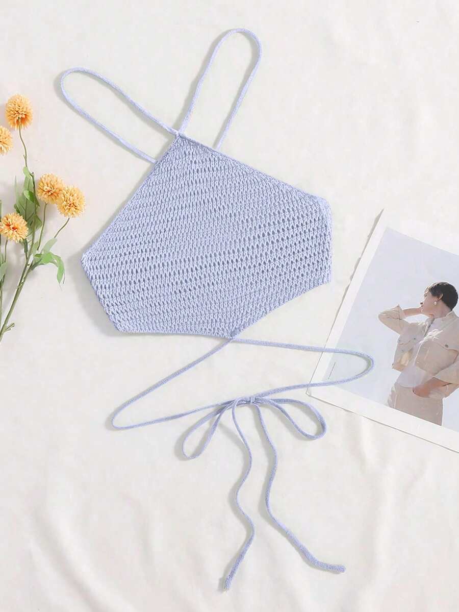 Trelyra 女士性感露背系带针织吊带背心，简约纯色，适合海滩度假 - 淡紫色 - 查看 1