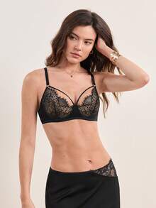 DesireSculpt 1pc Women Valentine's Day Lace Cut Out Wireless Sexy Lingerie Bra - Black - View 5
