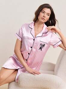 Hourtrue 女士条纹短袖睡衣连衣裙，带刺绣和口袋，奢华家居服，Moo Moo 睡裙 - 粉色 - 查看 7