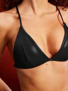 Women's Black PU Leather Backless Plunge Bra Punk Style Adjustable Strap Bralette - Black - View 2