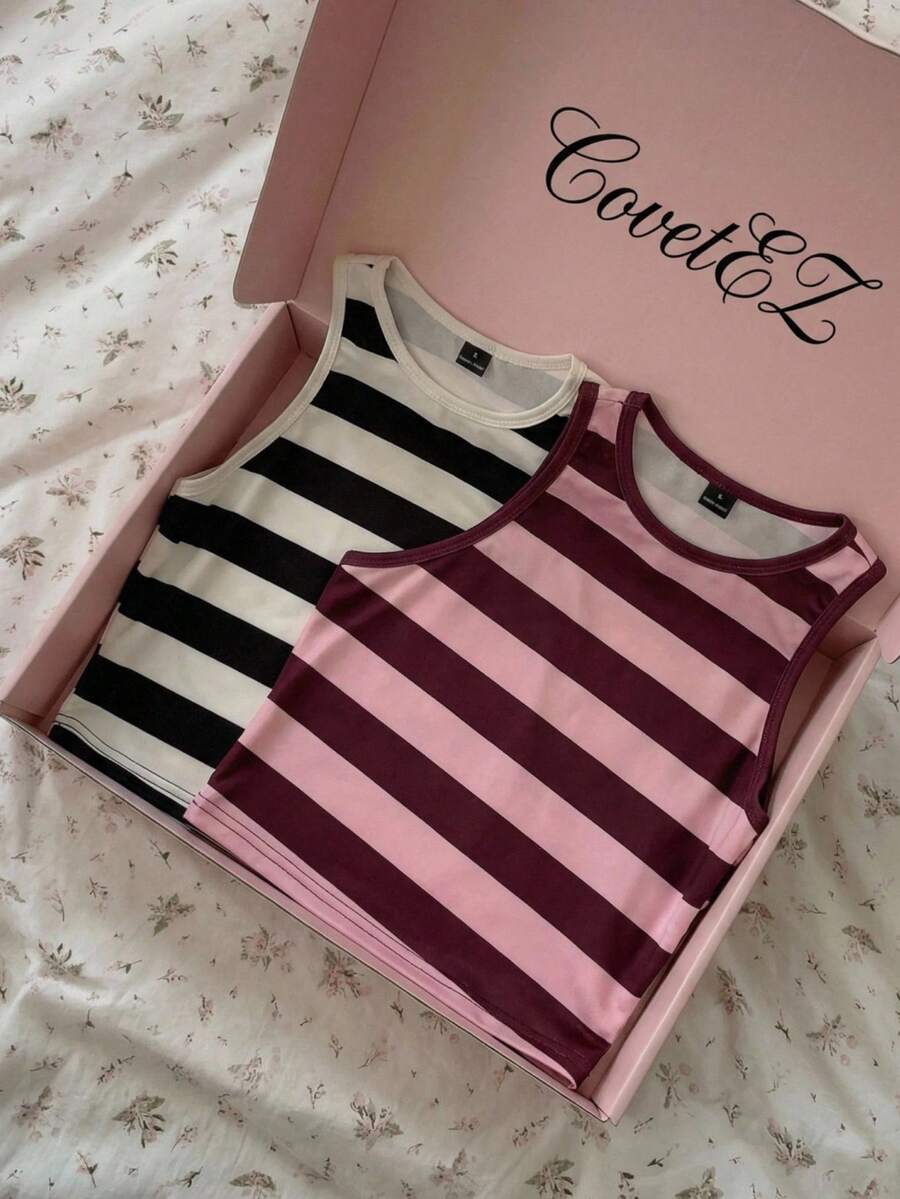 CovetEZ Crew Neck Fitted Short Striped Tank Top For Women - Multicolor - View 1