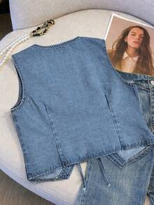 GlowEve Women's Lace-Up Front Casual Versatile Denim Blouse For Daily Wear - Medium Wash - View 2