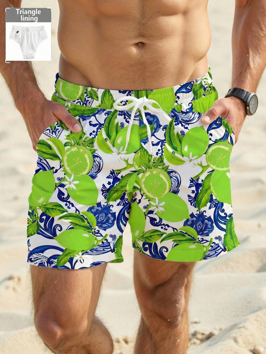 Manfinity RSRT 男士柠檬印花休闲沙滩短裤，网眼内衬 - 彩色 - 查看 1