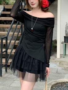 K-Vae 1 Set Soft Mesh Solid Color Off-Shoulder Long Sleeve Cinched Waist Top And Layered Ruffle Mini Skirt, Minimalist Aesthetic 2-Piece Set - Black - View 4
