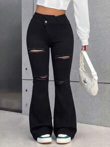 SHEIN PETITE 夏季小码女式低腰修身喇叭牛仔裤 高腰黑色破洞喇叭牛仔裤 女式破洞毛边靴型牛仔裤 深灰色牛仔裤 女式黑色牛仔裤 黑色裤子 小码女装 黑色裤子 女式高腰喇叭牛仔裤 乡村音乐会服装 喇叭修身牛仔裤 - 黑色 - 查看 4