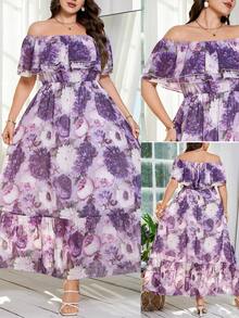 Reflora 大码女士优雅印花露肩连衣裙 - 紫色 - 查看 3