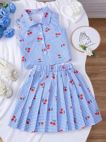 2pcs/Set Blue Plaid Cherry Print Sleeveless Shirt Paired With Plaid Pleated Skirt, Suitable For Spring/Summer Outings, Vacation, And Daily Wear - Multicolor - View 1